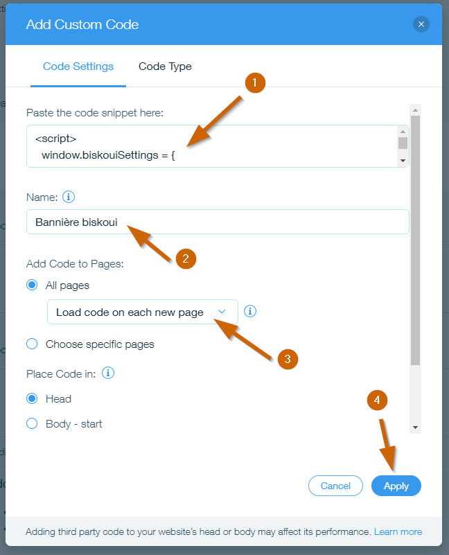 Wix Add Custom Code Dialog